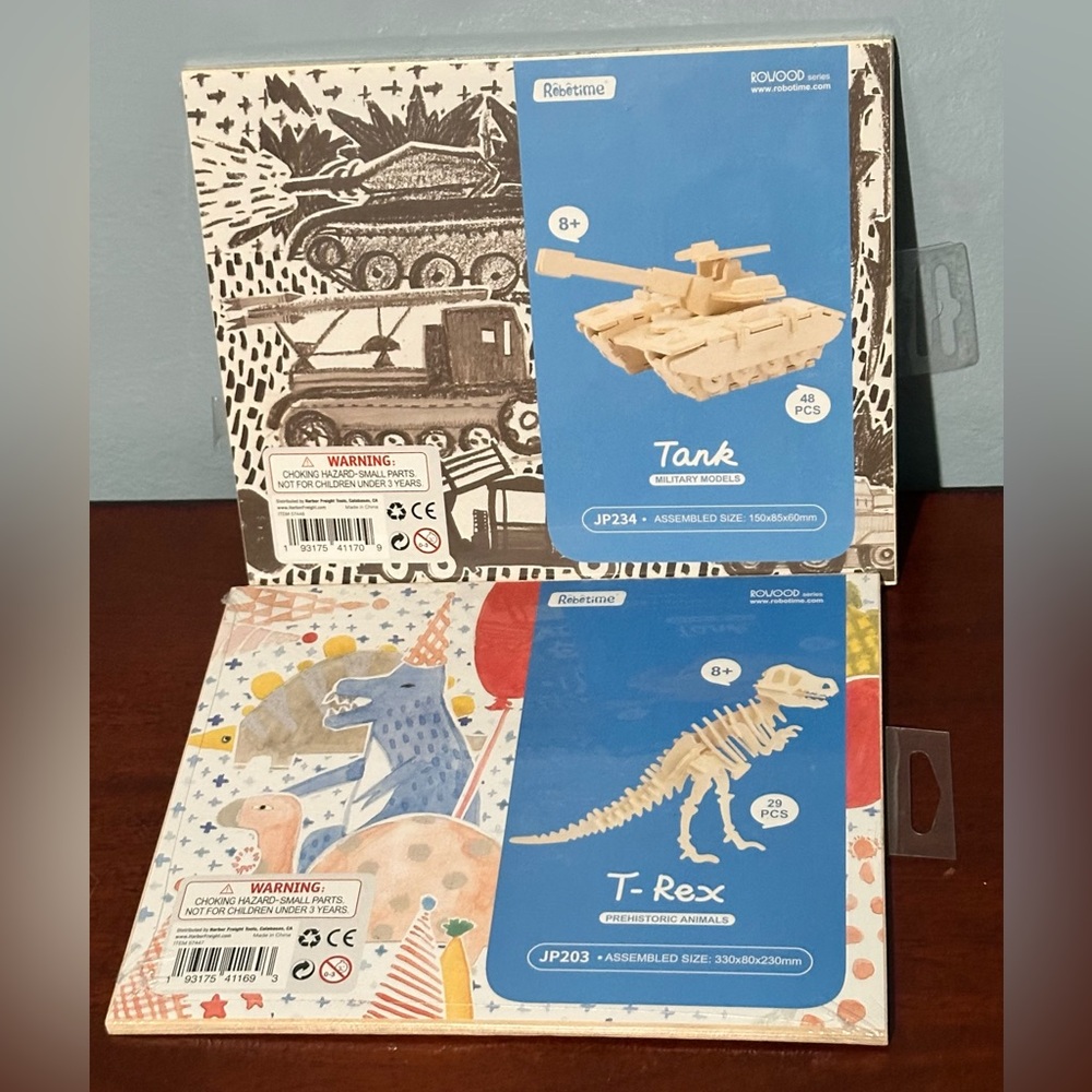 Lot of 2 Robotime Rowood 3D Wooden Puzzles T-Rex Dinosaur and Tank Military New